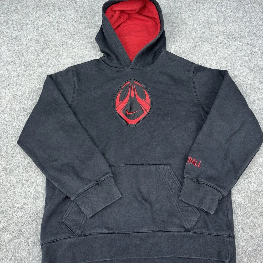 Nike Football Hoodie Boys XL 18-20 Black Red Embroidered Swoosh Pullover Logo